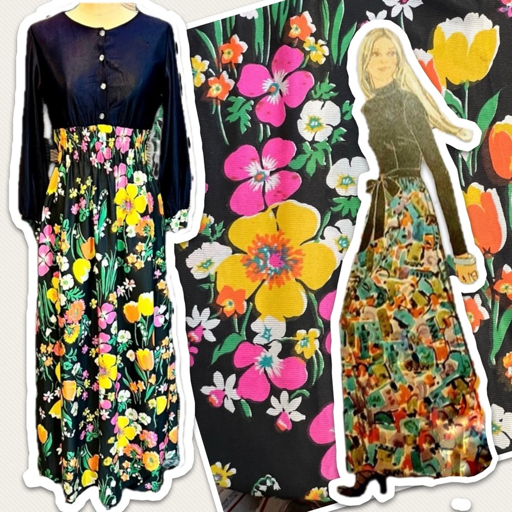 VINTAGE mid century‎ 60s dark flower long maxi dress hostess house gown 70s MOD